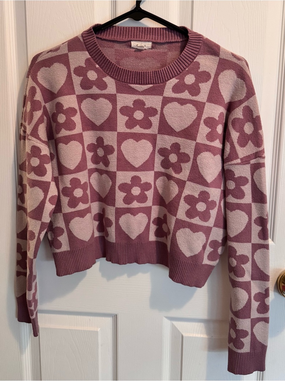 Women’s Pink Checker Floral & Heart Knit Sweater